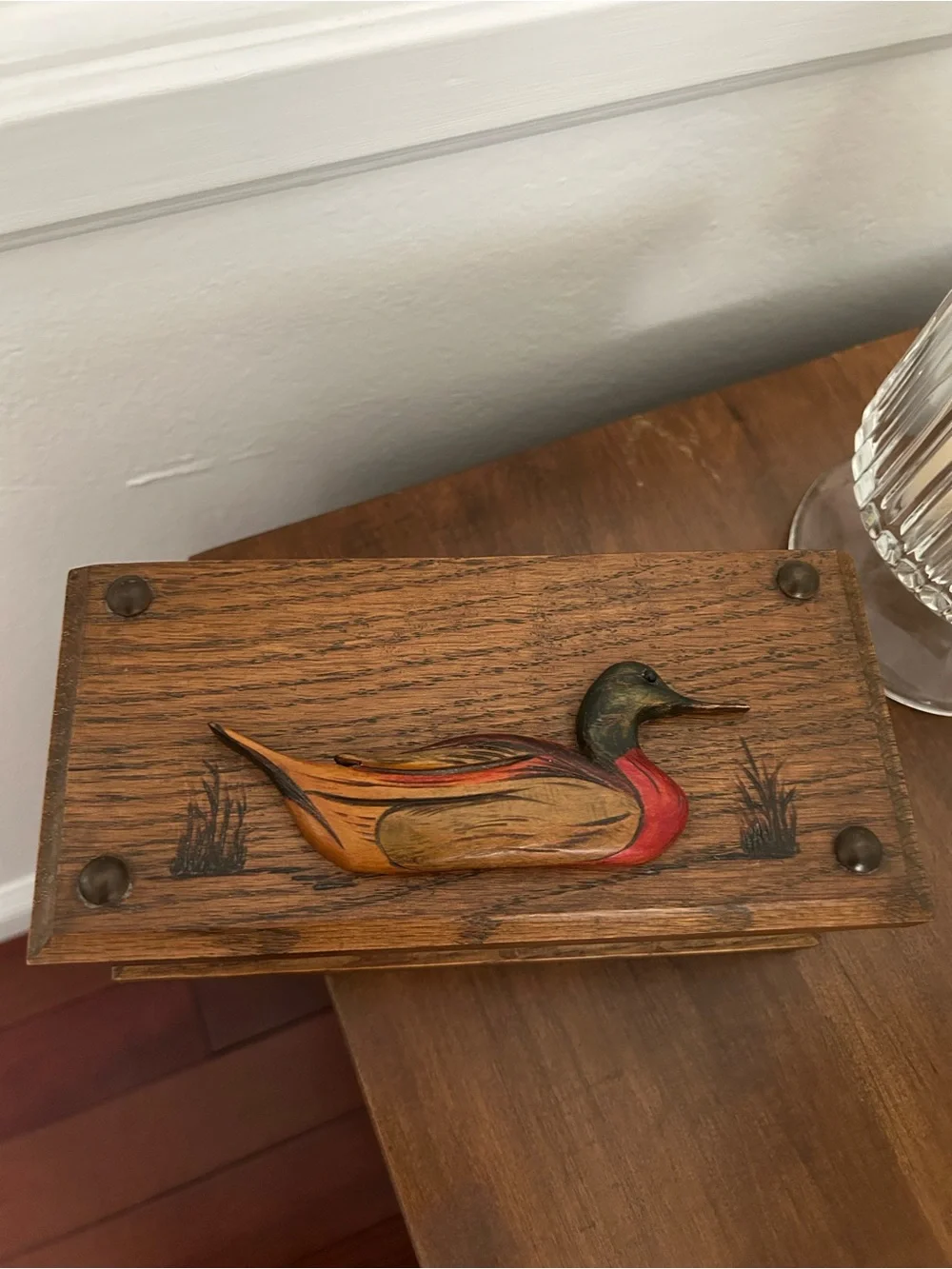 Vintage Wood Carved Mallard Duck Decoy Trinket Box